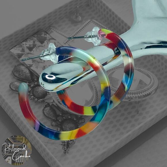 Multicolor Resin Small Circular Hoop Earrings - Picture 1 of 5